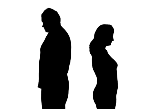 Silhouette of sad man and woman in a quarrel, isolated on a white background. Divorce of husband and wife in the evening light of the home living room