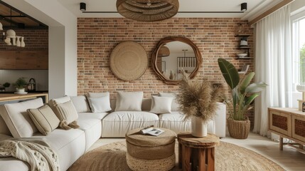 a living room with a large white couch and mirror on a brick wall above coffee table. - obrazy, fototapety, plakaty