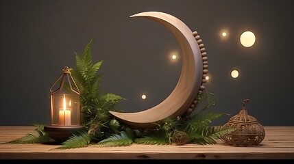 Obraz premium Illuminated crescent moon, garland, candle, lantern, and plant pot adorning spacious desk - ideal for islamic festival themes