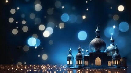 Fototapeta na wymiar Radiant ramadan: blue bokeh mosque background with starry elegance