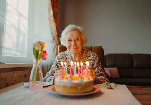 AI Generated Image Happy senior woman sitting at the table with birthday cake and candles
