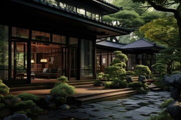 Fototapeta premium A photograph of a traditional Japanese style house with trees and rocks in the foreground.
