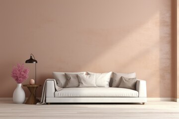 A modern living room with a white couch against a pink wall, creating a stylish and vibrant ambiance.