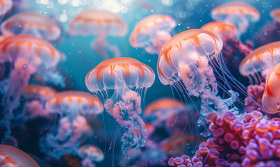 Jellyfish in the ocean with stunning coral reef in the background with vibrant colors. Wildlife concept banner with copy space.