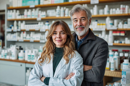 Confident pharmacists smiling in front of pharmacy shelves Generative AI image