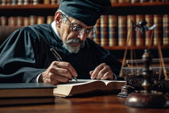 Focused judge meticulously writing in chambers Generative AI image