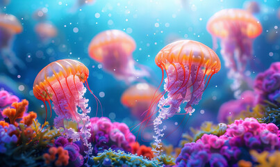 Fototapeta na wymiar Jellyfish in the ocean with stunning coral reef in the background with vibrant colors. Wildlife concept banner with copy space.