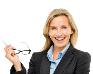 Portrait, smile and glasses with business woman isolated on transparent background for management. Face, happy or excited with confident mature CEO, executive or manager on PNG for corporate career