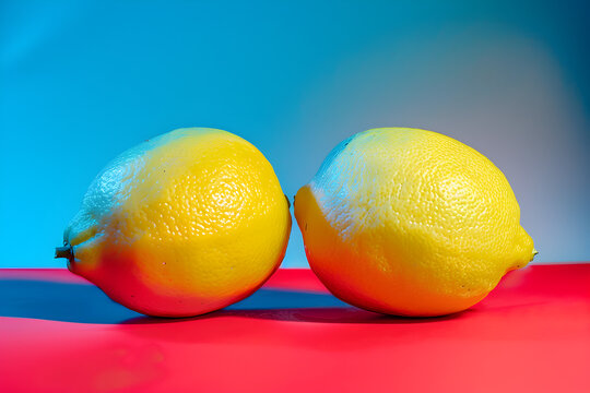 2 lemons colorful food photograph in the style of soft focus romanticism, distorted perspectives, minimalist backgrounds, colorized, light pink and light indigo