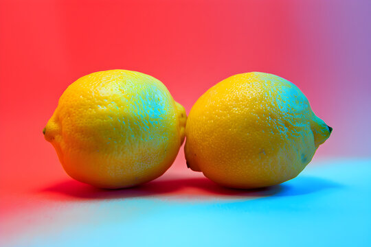 2 lemons colorful food photograph in the style of soft focus romanticism, distorted perspectives, minimalist backgrounds, colorized, light pink and light indigo