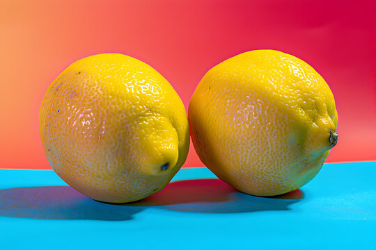 2 lemons colorful food photograph in the style of soft focus romanticism, distorted perspectives, minimalist backgrounds, colorized, light pink and light indigo