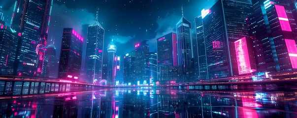 Futuristic cityscape aglow with neon towers, reflecting in a glassy virtual river. 