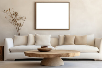 A spacious living room featuring a white couch and a coffee table as the central furniture pieces.