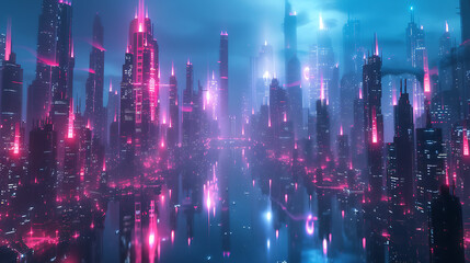 Futuristic cityscape aglow with neon towers, reflecting in a glassy virtual river. 