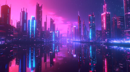 Fototapeta na wymiar Futuristic cityscape aglow with neon towers, reflecting in a glassy virtual river. 
