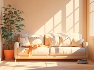 A simple and cozy living room featuring a comfortable couch and a potted plant.