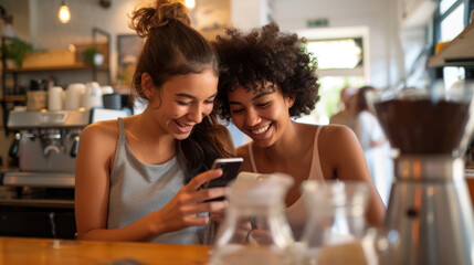 Two happy individuals are sharing content on a smartphone together in a cozy coffee shop setting.