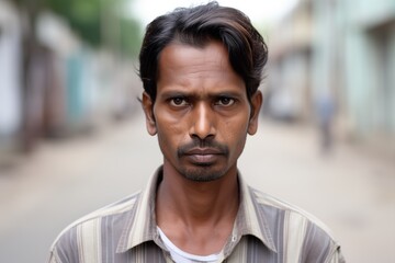 Indian man sad serious face portrait on street
