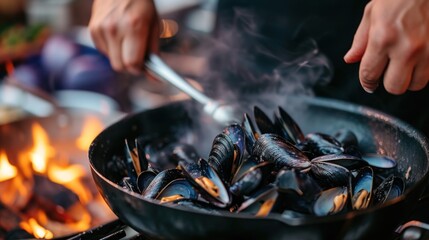 a person cooking mussels in a wok on a grill with a fire in the backgroud. - obrazy, fototapety, plakaty