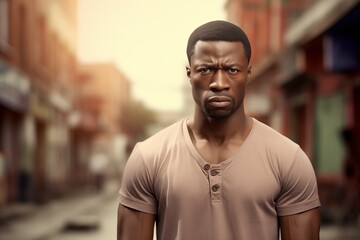 Black African man sad serious face portrait on street