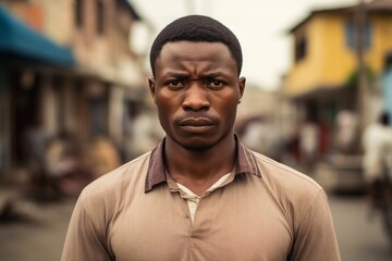 Black African man sad serious face portrait on street
