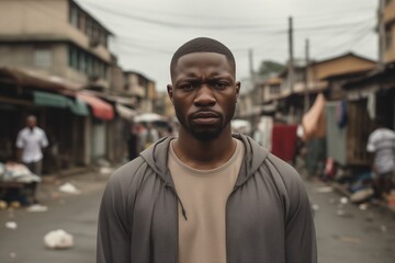 Fototapeta premium Black African man sad serious face portrait on street 