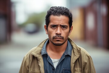 Hispanic man sad serious face portrait on street