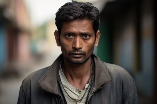 Indian man sad serious face portrait on street
