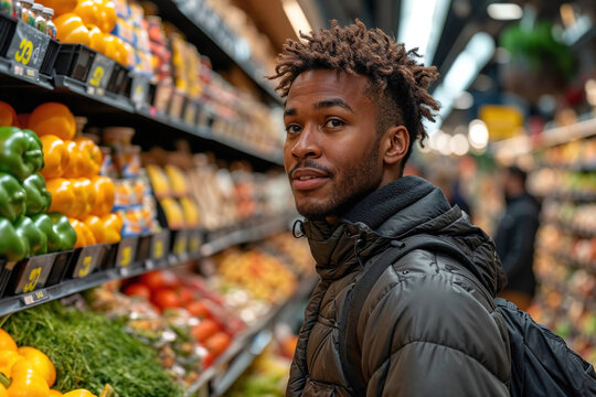 Young man selecting fresh produce in a grocery store Generative AI image