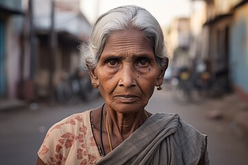 Elderly Indian woman sad serious face on street - obrazy, fototapety, plakaty