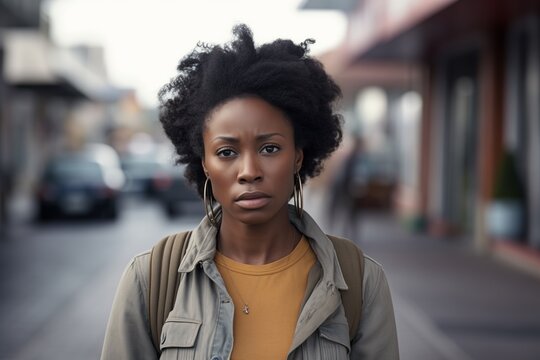 Black woman sad serious face portrait on street

