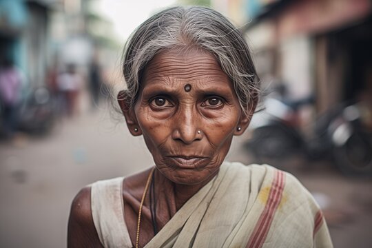 Elderly Indian woman sad serious face on street