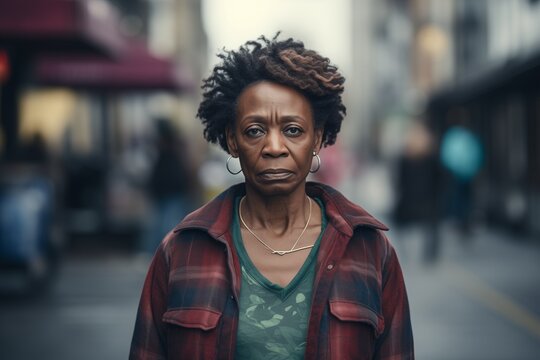 Mature Black Woman Sad Serious Face On Street