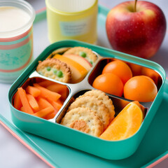 kids lunch in a box with crackers, fruits and cookies with apple on the table