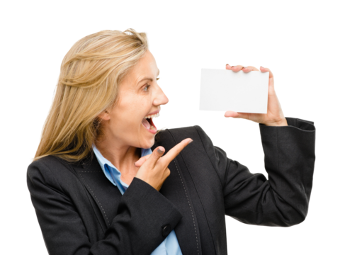 Happy, pointing and woman with business card mockup for marketing, promotion or advertising. Excited, placard and professional female person with empty space paper by transparent png background.