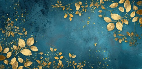 Golden leaves on blue background with splashes. The concept of luxury and nature.