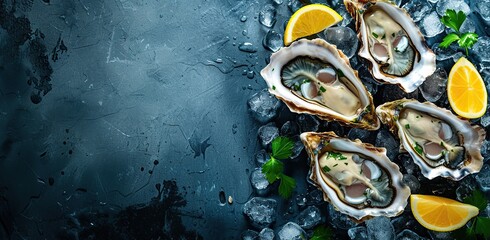 Oysters on ice with lemon and herbs. The concept of seafood and gourmet cuisine.