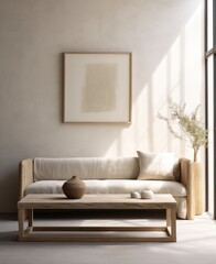 A modern living room featuring a white couch and a coffee table as the main furniture pieces.