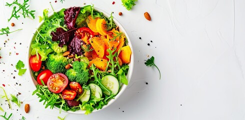 Vibrant vegetable salad with nuts and seeds on a white background. The concept of healthy eating and vegetarianism.