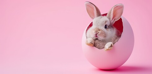 Young white rabbit peeking out of a pink egg. The concept of Easter and spring.