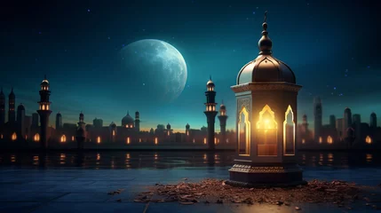 Fototapete Moskau Serene ramadan kareem greeting with glowing lanterns against mosque backdrop  