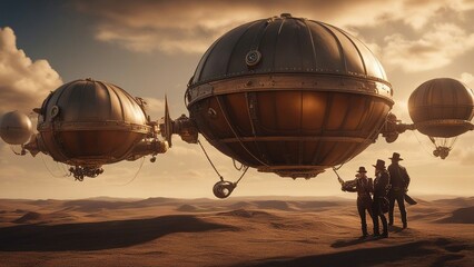 Fototapeta na wymiar hot air balloon at sunset a steampunk, A steampunk space adventure orbiting the earth. 