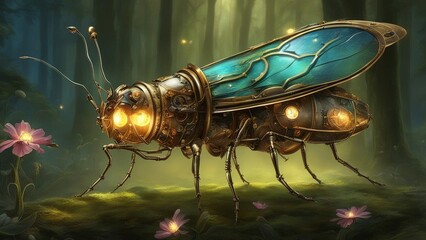 _A steampunk flashing firefly - lightning bug. The firefly is a mechanical insect that is powered 