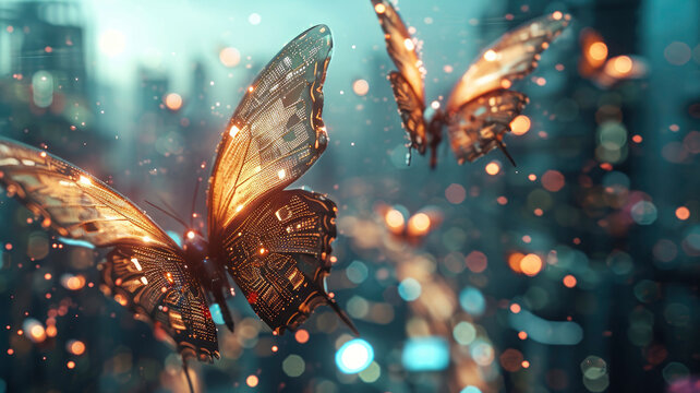 Cyber technological butterflies with artificial intelligence robots insects glowing flickering fantastic on a blur bokeh background against the backdrop of the city