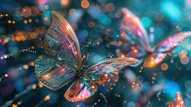 Cyber technological butterflies with artificial intelligence robots insects glowing flickering fantastic on a blur bokeh background