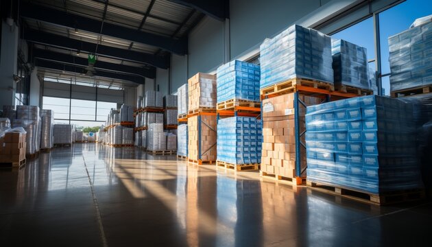 Neat logistics warehouse interior with shelves and pallets for storage and distribution operations