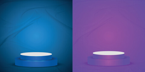 Set of 3D blue, red-purple cylinder podium. Vector geometric platform. Abstract mockup product display. Minimal scene
