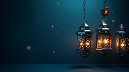 Vibrant ramadan lanterns illuminating dark blue background: perfect for muslim holiday greeting cards

