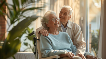 tender moment between a young person and an elderly person in glasses, smiling and embracing - obrazy, fototapety, plakaty