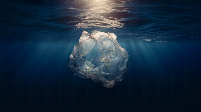 Plastic Bag Drifting in Ocean Depths simulating a continent Generative AI image
